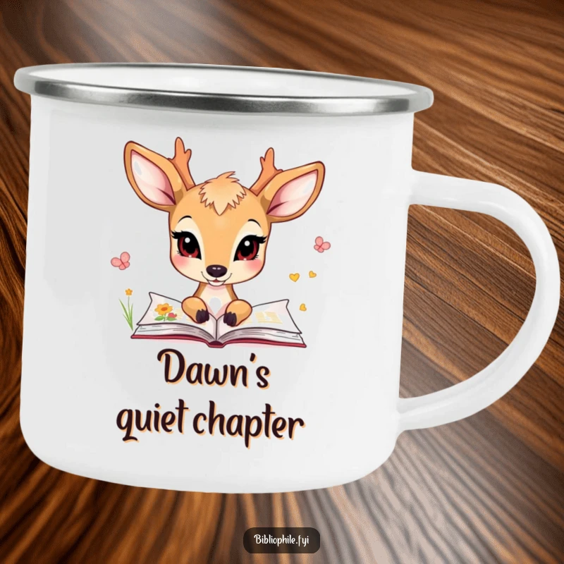 Funny camping mug featuring a charming deer character gazing at illustrated pages, perfect for outdoor drinks.