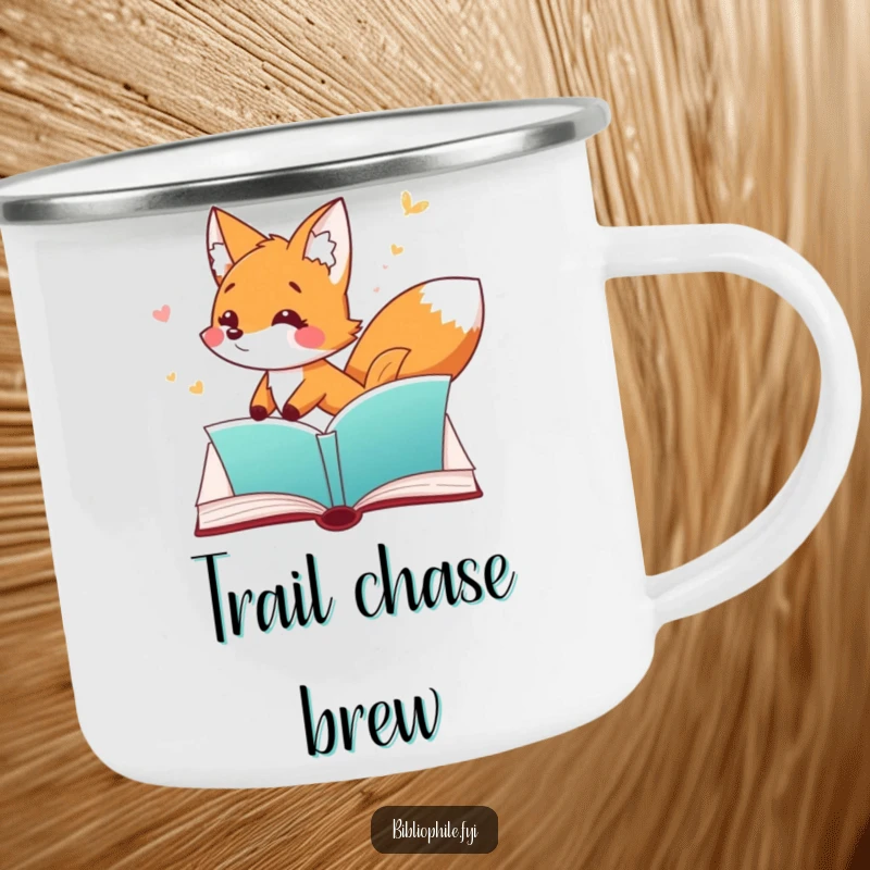 Funny Fox Camping Mug with a playful fox character chasing a fluttering bookmark through an open page, great for outdoor use.