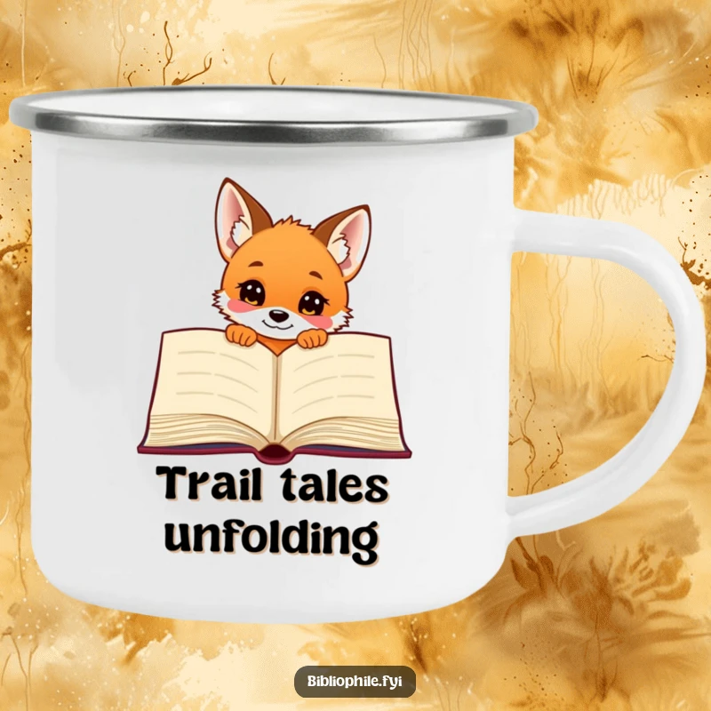 Funny curious fox puppy peeking out from a book on a durable camping mug, perfect for outdoors.