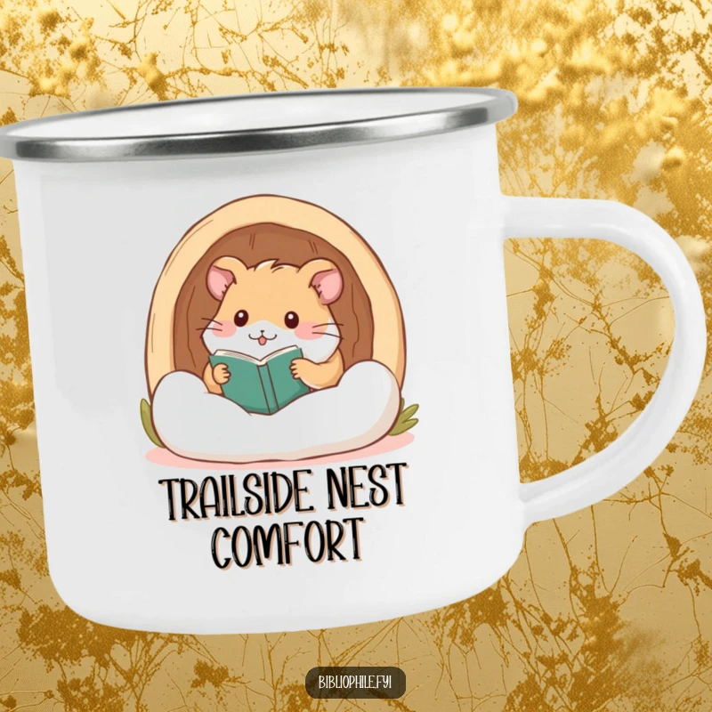 Funny hamster burrowing in a reading nook on a durable camping mug, perfect for outdoor reading.