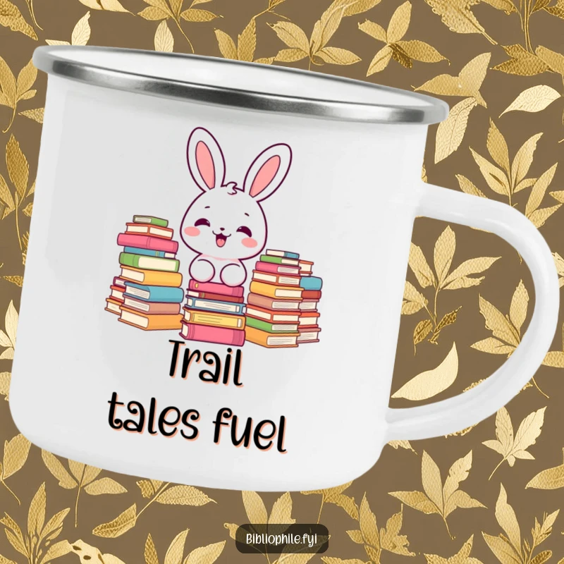 Funny kawaii bunny character delighted by stacks of books, adorning a durable camping mug.
