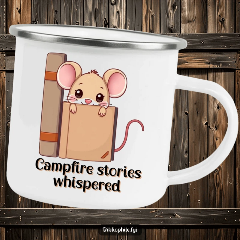 Funny kawaii mouse peeking from behind a large encyclopedia, depicted on a rugged and humorous camping mug.