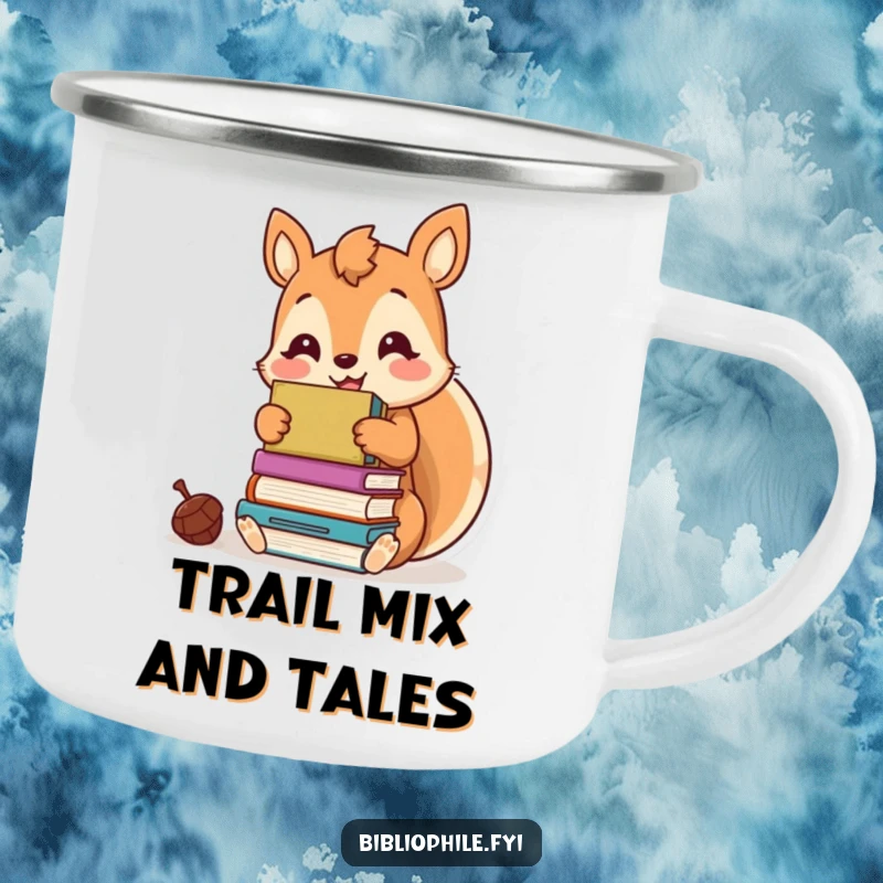 Funny kawaii squirrel hoarding books like acorns, depicted on a rugged and humorous camping mug.