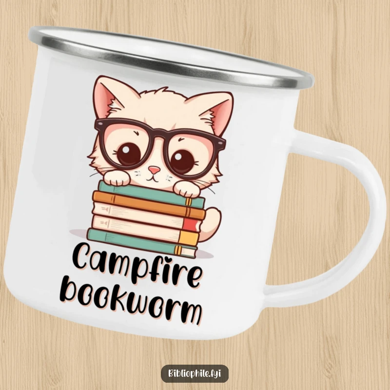 Funny camping mug depicting a kawaii kitten wearing glasses, peering at a stack of novels, suitable for outdoor enthusiasts.