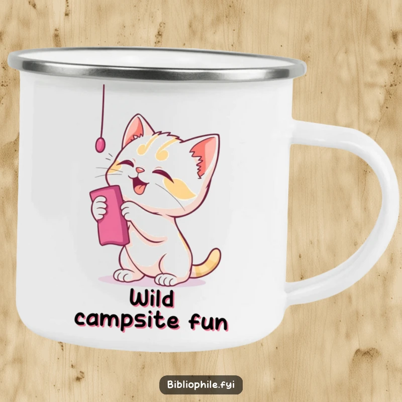 Funny kitten enamel camping mug featuring a playful character batting at a bookmark, rugged and fun.