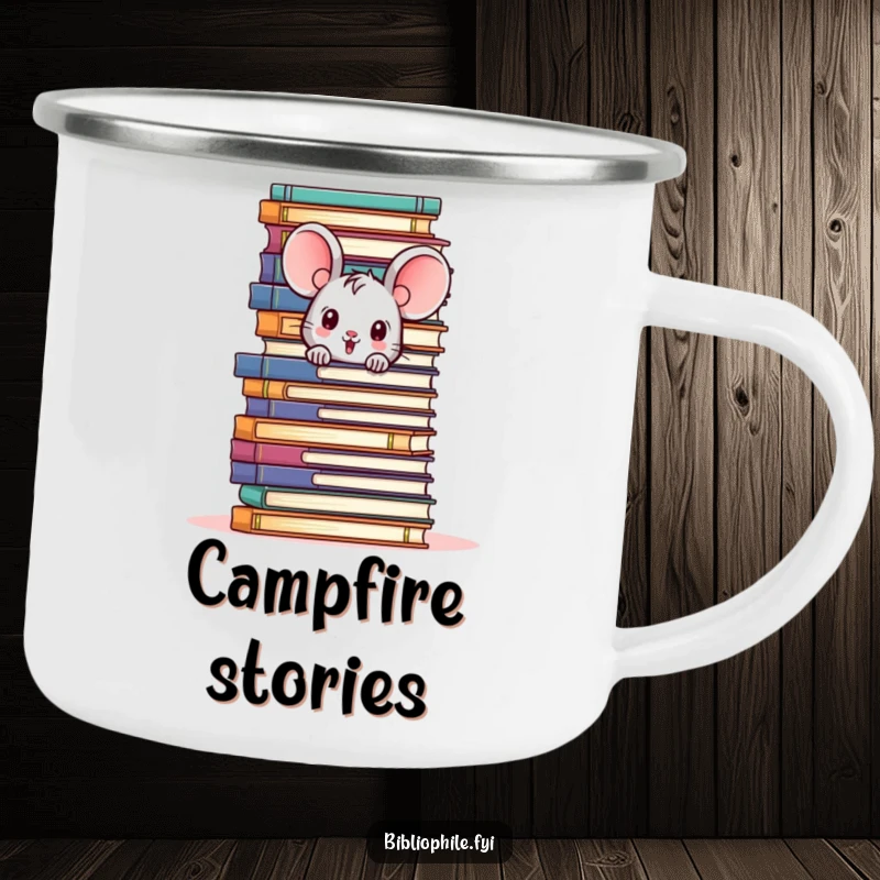 Funny camping mug featuring a cute mouse character peeking from behind a towering pile of books, ideal for outdoor reading.