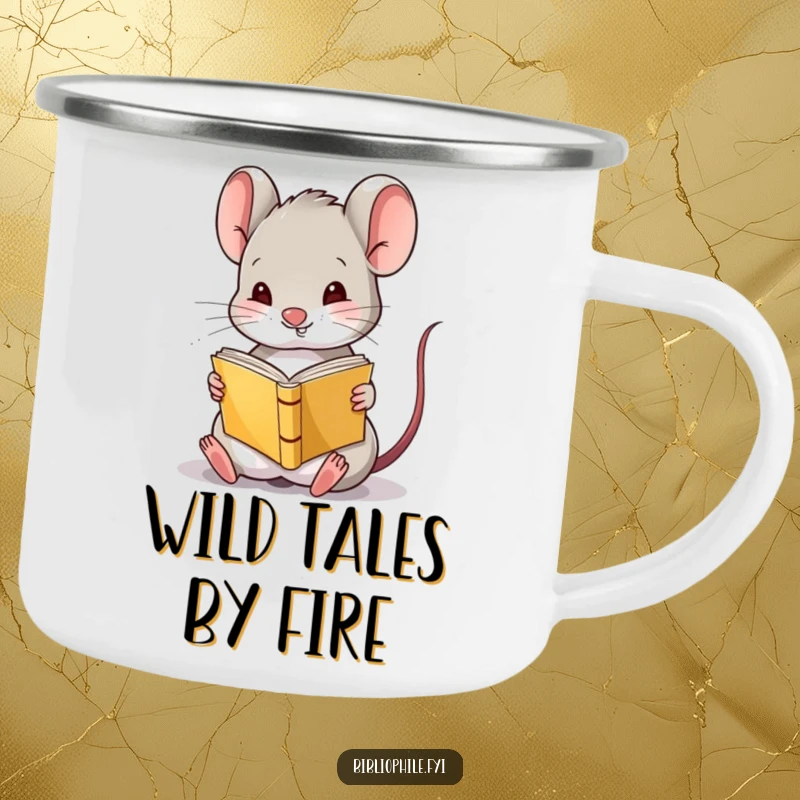Funny Mouse Camping Mug showing a cute mouse character amusingly reading a tiny book upside down, perfect for outdoor adventures.