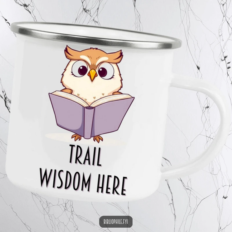 Funny camping mug with a cute owl character enthusiastically turning book pages, ready for outdoor reading adventures and warm drinks.
