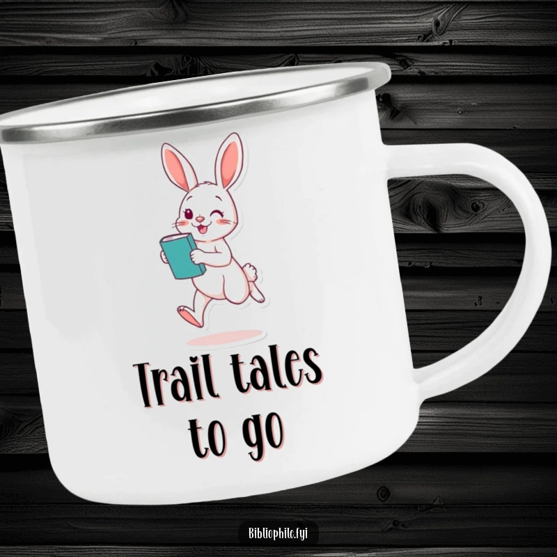 Funny Rabbit Camping Mug: A playful rabbit hops with a book, perfect for enjoying drinks during outdoor adventures with cheer.