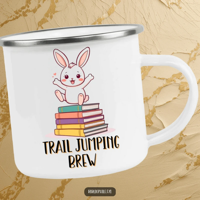 Funny Rabbit Camping Mug with an energetic rabbit character bouncing excitedly on a pile of storybooks, great for camping.