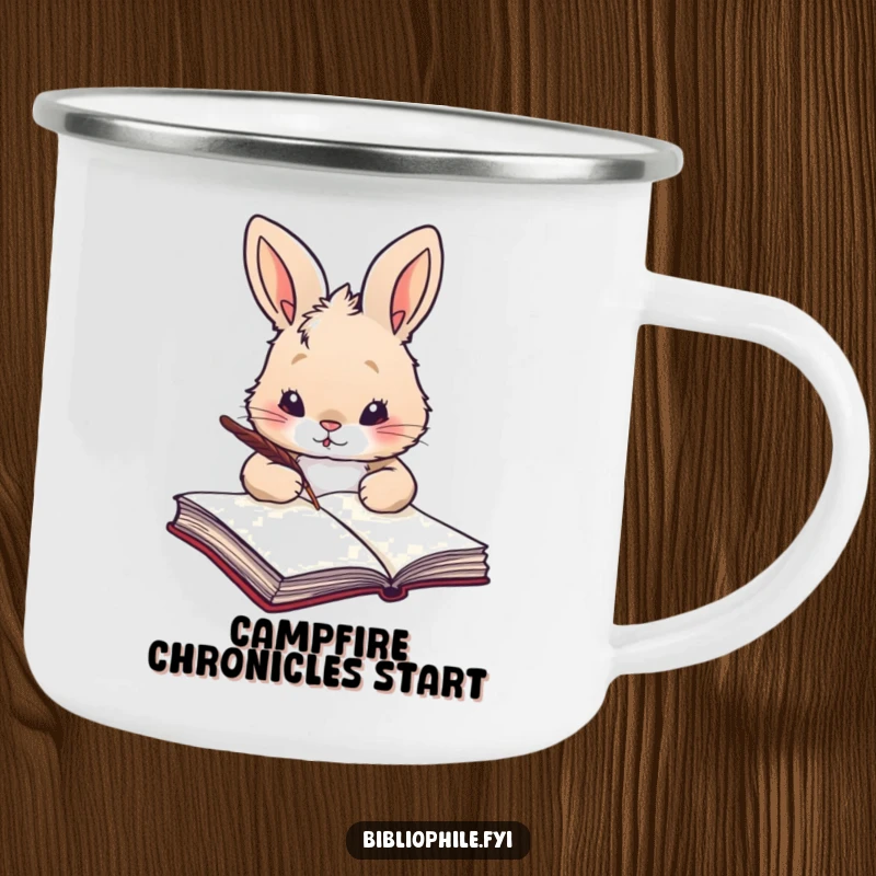 Funny rabbit holding a quill, preparing to write in a large book, on a durable camping mug.