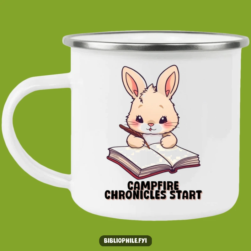 Enjoy your morning brew on the trail with this funny rabbit quill camping mug. The rabbit scribe is ready for outdoor inspiration.