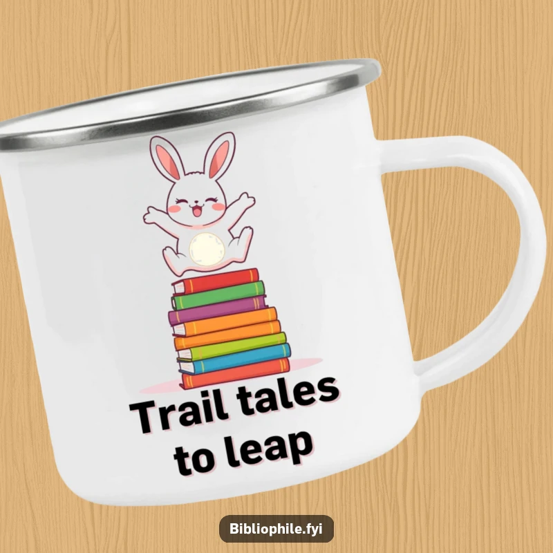 Cheerful rabbit joyfully leaping over colorful storybooks on a durable enamel camping mug.