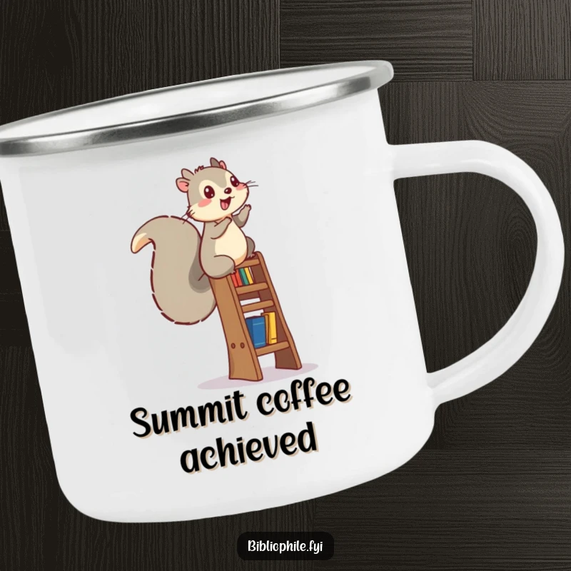 Funny energetic squirrel climbing a bookshelf ladder on a durable camping mug, perfect for outdoor reading.