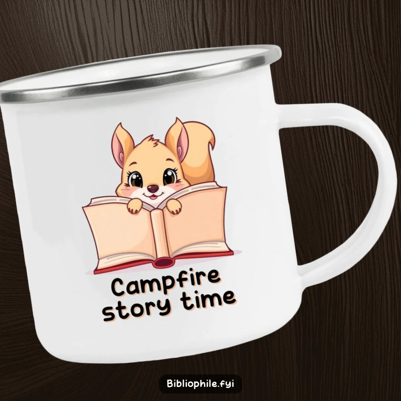 Funny squirrel peeking from behind an open book on a durable enamel camping mug for outdoor enjoyment.