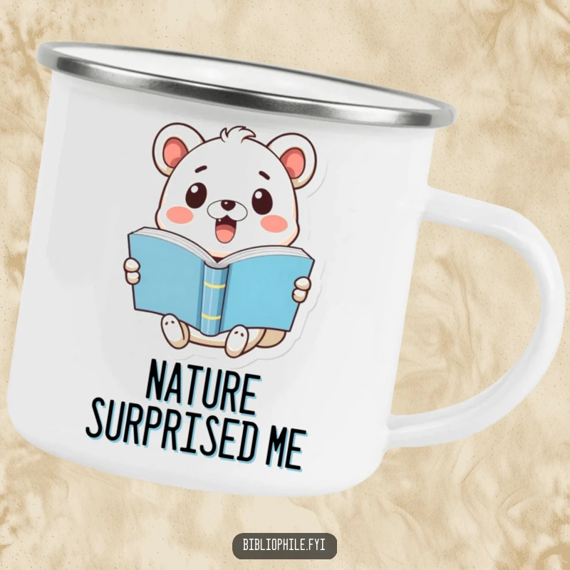 Funny camping mug showing a cute animal with a surprised expression holding a pop-open book, great for outdoor use.