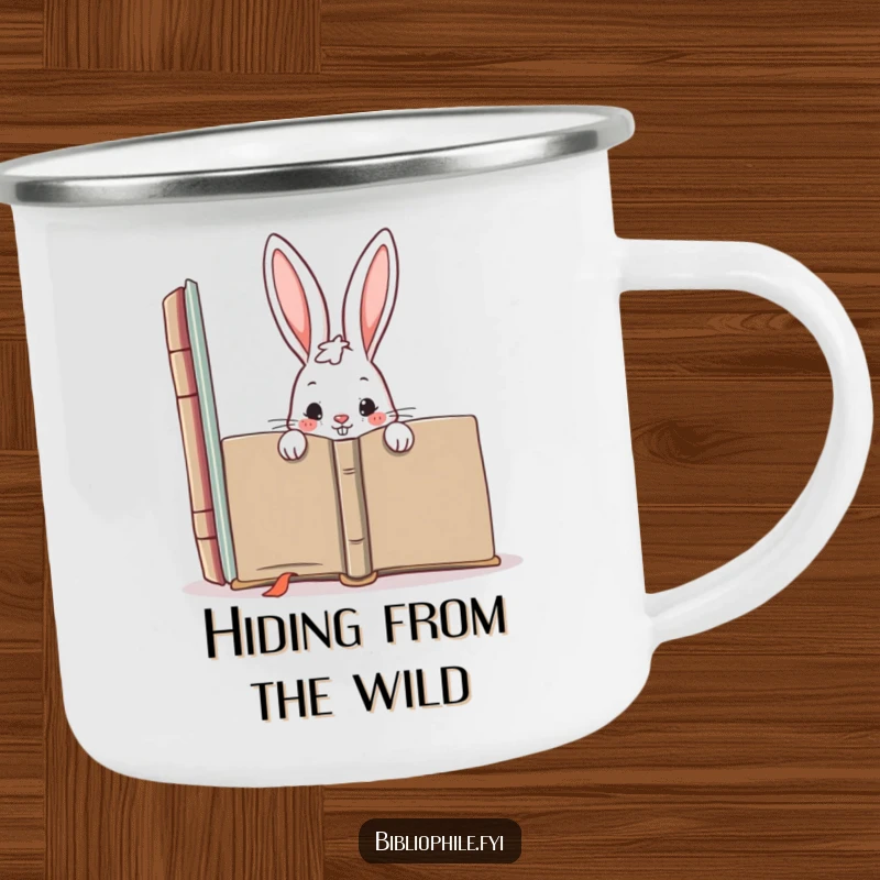 Funny camping mug with a mischievous rabbit character hiding behind a large book, ideal for outdoor adventures and playful secrets.