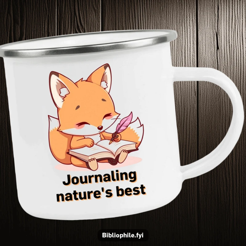 Funny kawaii fox character writing in a journal with a quill, adorning a durable camping mug.