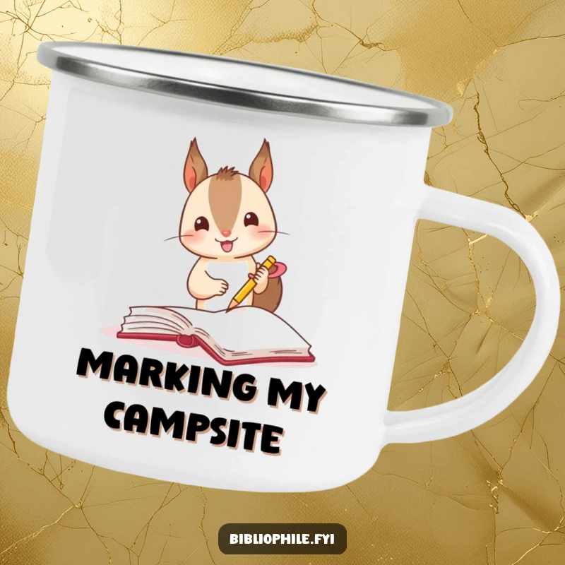 Funny squirrel marking a page with a ribbon in a book, on a durable camping mug.
