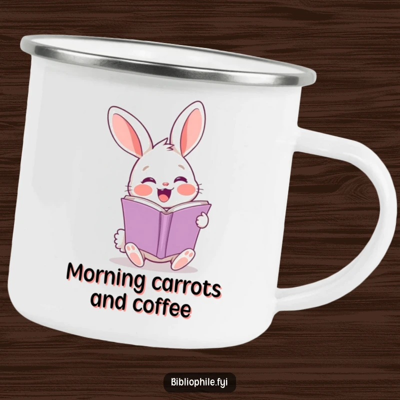 Funny rabbit enamel camping mug featuring a cheerful character turning a page, rugged and fun.