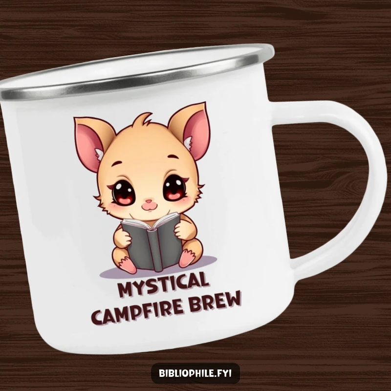 Funny tiny creature engrossed in a magical tome on a durable camping mug, perfect for outdoor enchantment.