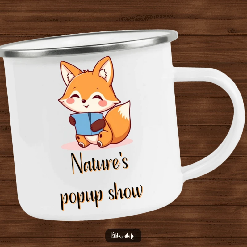 Funny camping mug with a smiling fox character finding a hidden pop-up, ideal for outdoor adventures and sparking curiosity.