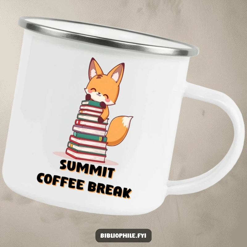 Funny Fox Camping Mug: Cute fox stacking books high, ideal for bookish adventurers.