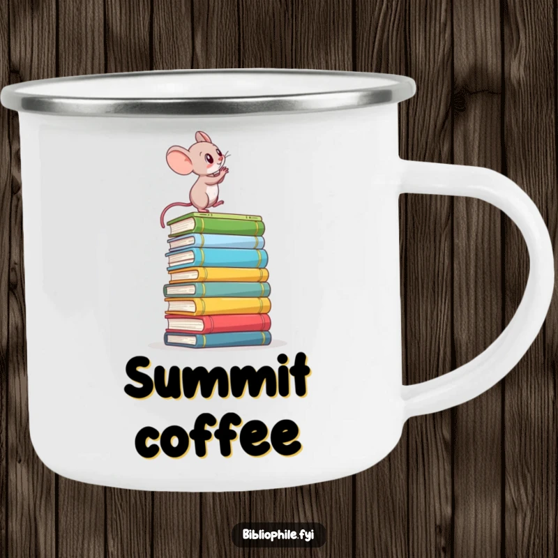 Funny camping mug with a determined mouse climbing a stack of books, ideal for enjoying beverages on ambitious journeys.