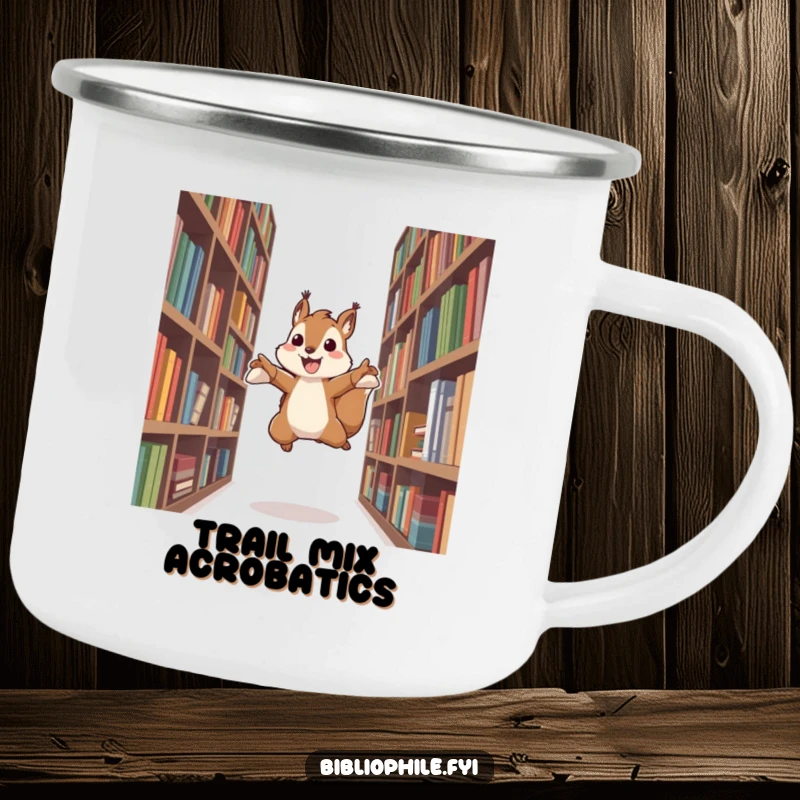 Funny camping mug with an energetic squirrel character leaping between bookshelves, ideal for outdoor adventures and lively exploration.