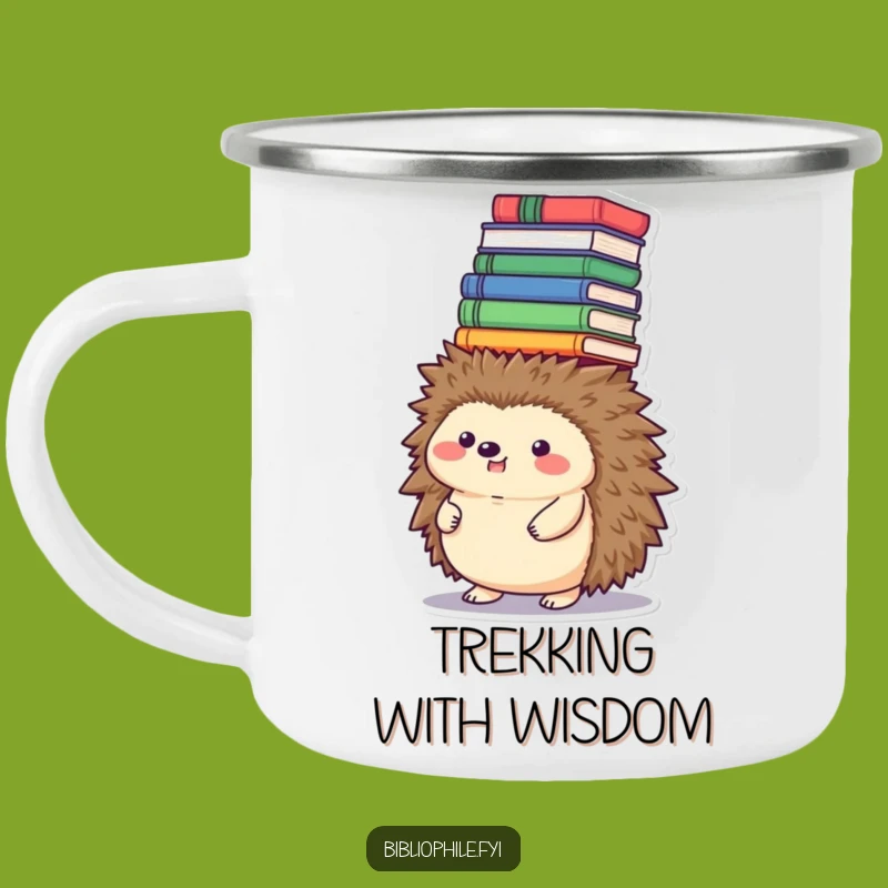 Funny Hedgehog Book Tower Camping Mug - Trailside Tales and Stacks
