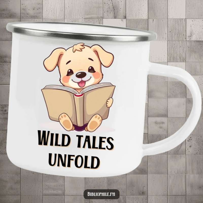 Funny camping mug depicting a cute puppy character enthusiastically reading a large open book, suitable for outdoor enthusiasts.