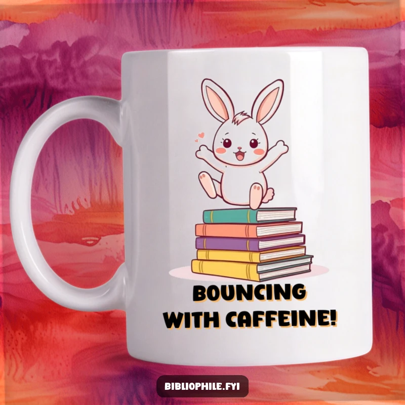 Funny Energetic Rabbit Mug with an energetic rabbit character bouncing excitedly on a pile of storybooks, a joyful reader's companion.