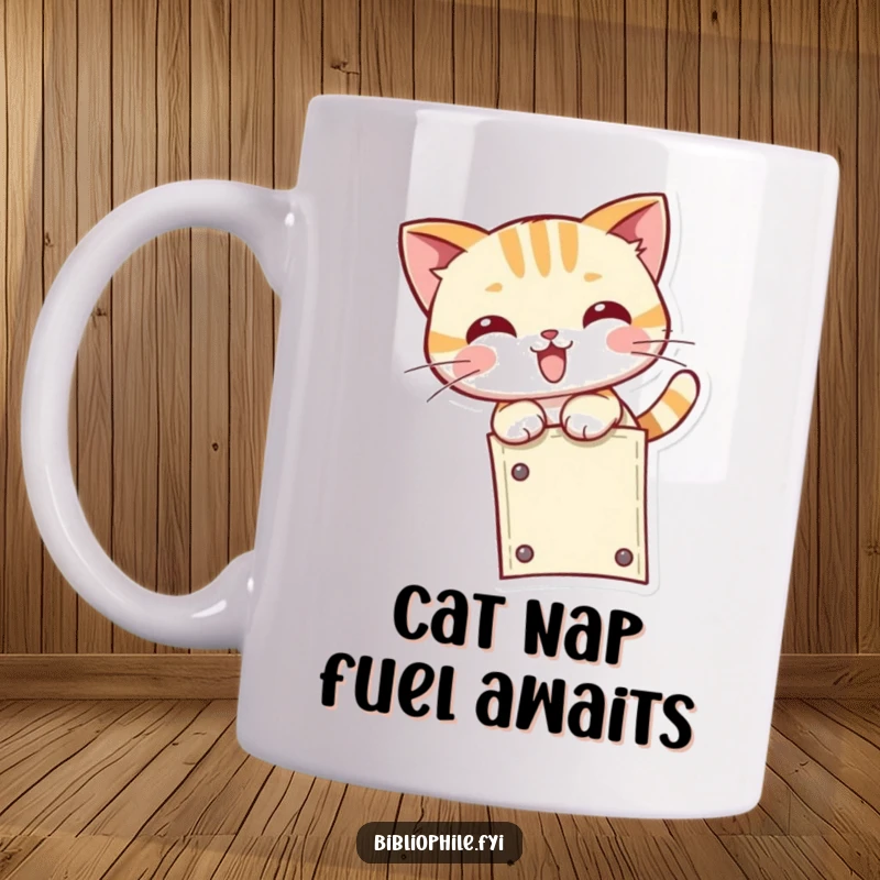 Funny kawaii cat character playfully pouncing at the end of a bookmark, illustrated on a cute and humorous coffee mug.