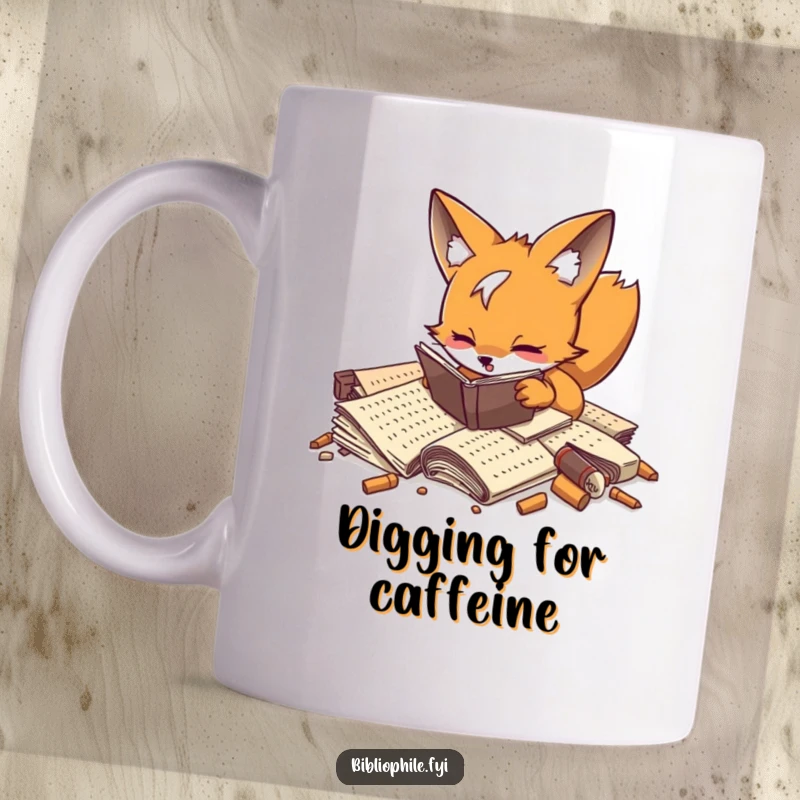 Funny playful fox enthusiastically digging through a pile of old manuscripts on this unique mug.