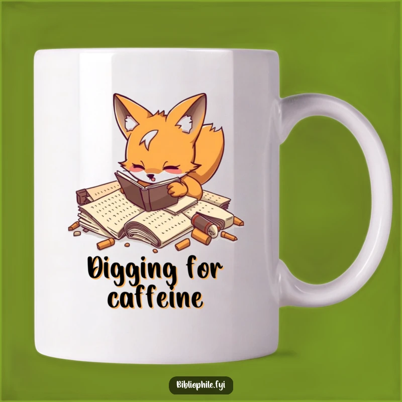 Unearth some laughs with this funny mug! A playful fox enthusiastically digging through forgotten manuscripts makes every sip an adventure.