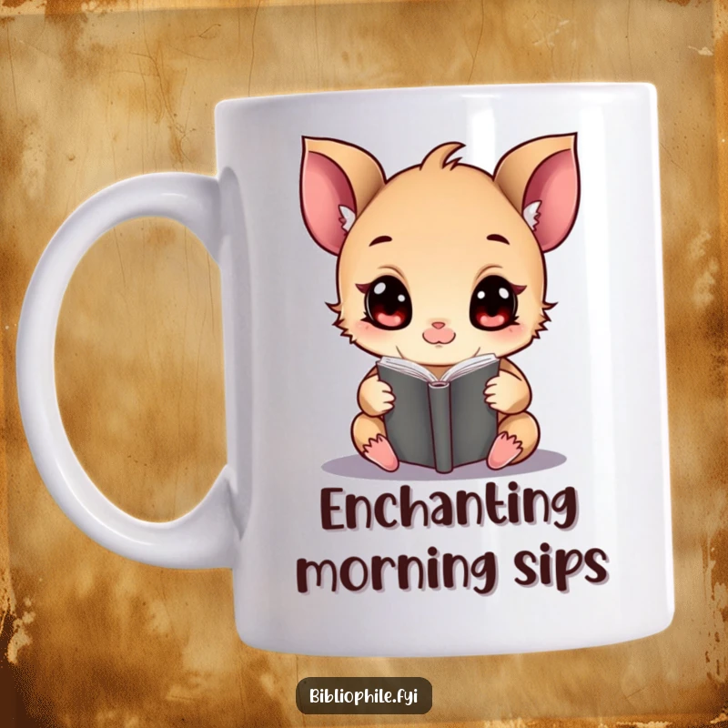 Funny tiny creature with wide eyes, engrossed in a magical tome, featured on a mug.