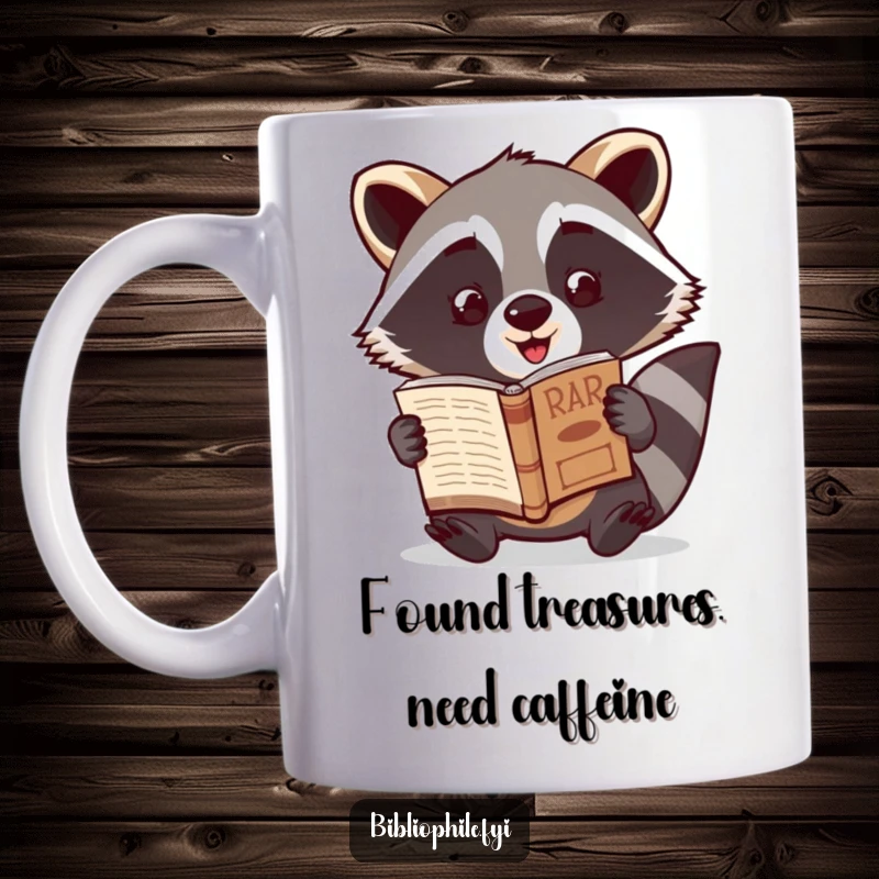 Funny Raccoon Treasure Hunter Mug showing a cute raccoon character excitedly showcasing a newly discovered rare book, full of mischievous joy.