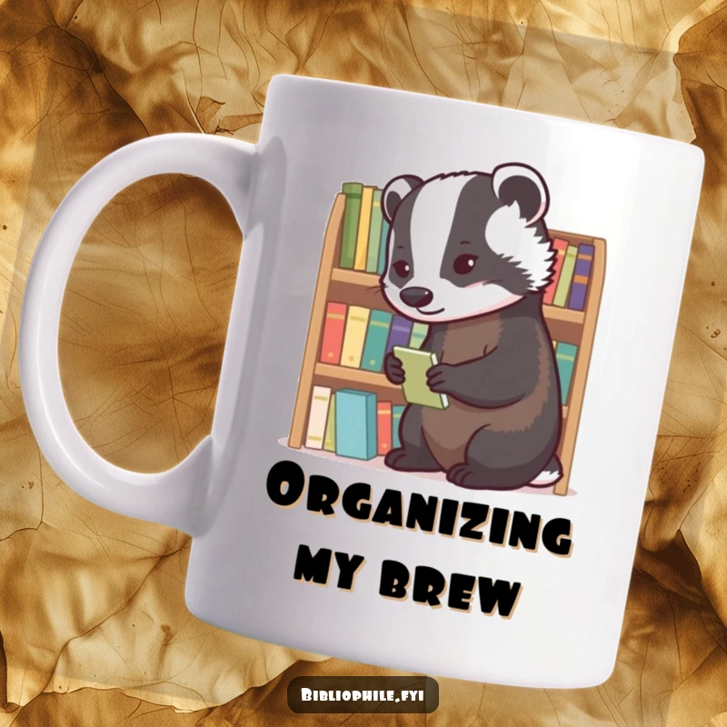 Funny diligent badger meticulously organizing a shelf of tiny novels on this charming mug.