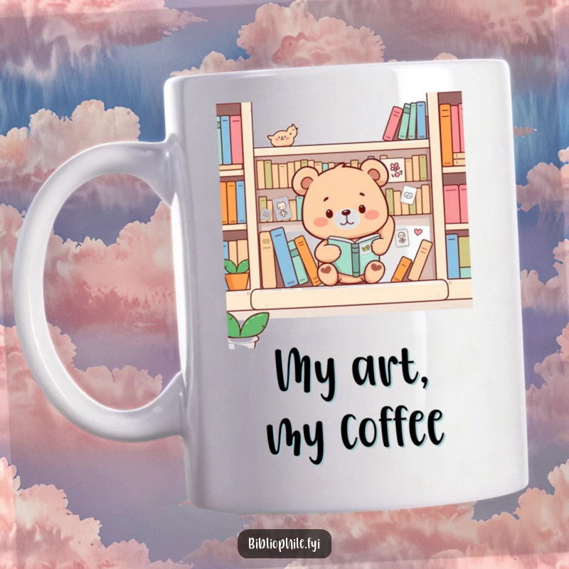 Funny Bear Mug: Cute bear happily decorating a bookshelf with tiny drawings, artistic and cheerful.
