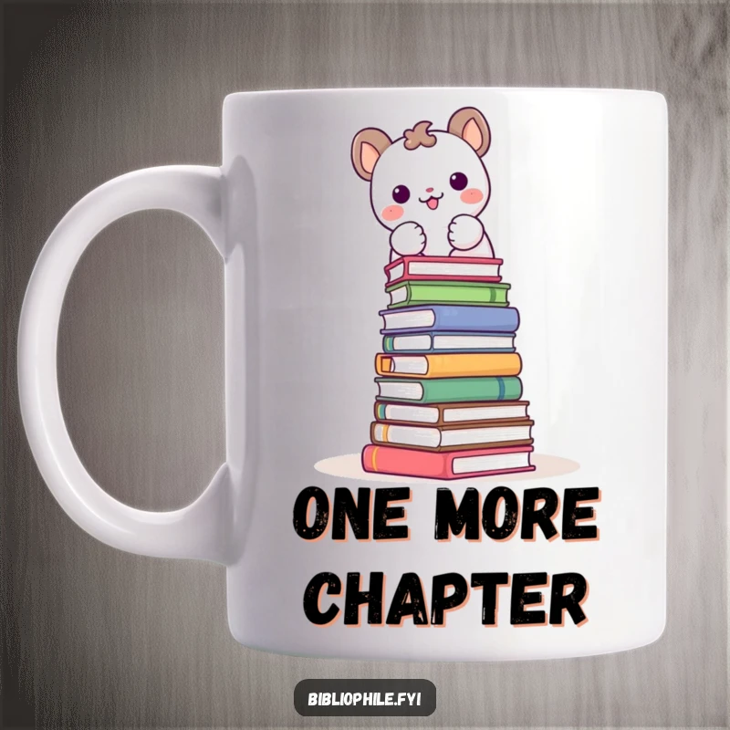 Funny mug showing a cute animal character joyfully stacking books to create a tall tower, celebrating literary achievements.