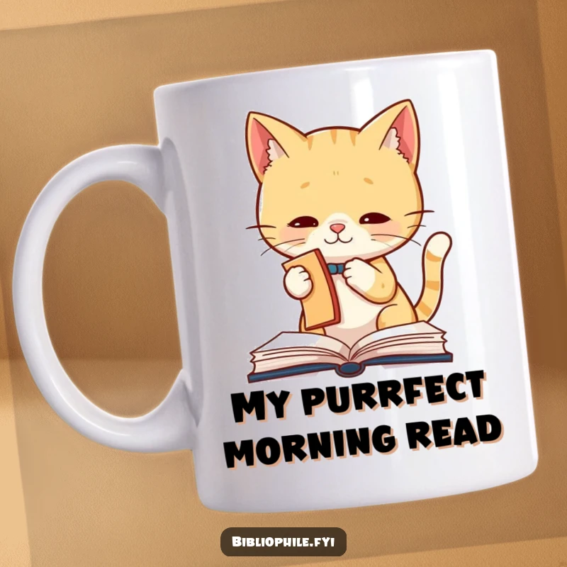 Funny Cat Mug showing a cute cat character playfully batting at a dangling bookmark from an open book, full of mischief and joy.