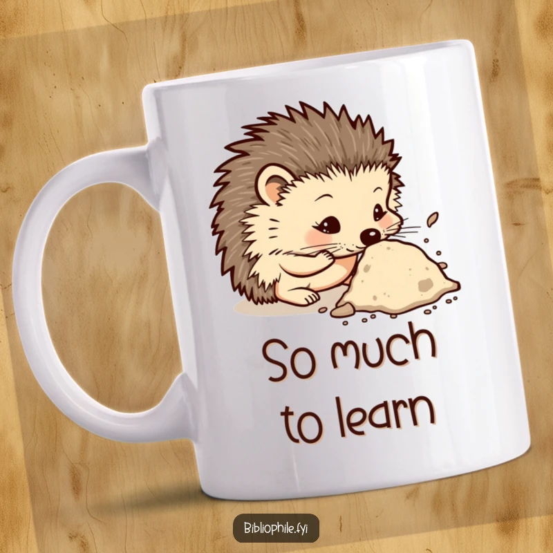 Funny mug with a curious hedgehog character intently sniffing a dusty tome, showcasing a love for knowledge and old books.