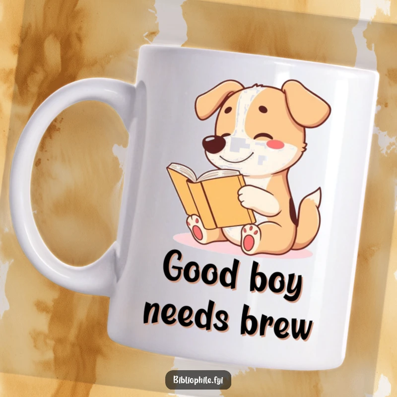 Funny mug with a cute dog character excitedly wagging its tail while engrossed in reading a story, embodying pure joy.