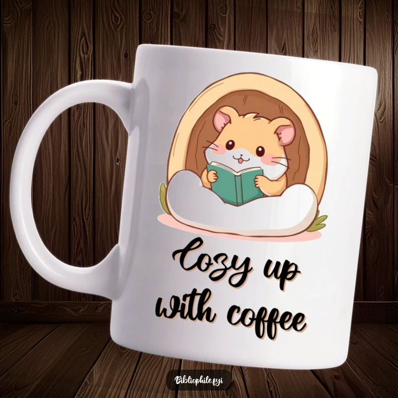 Funny hamster burrowing contentedly into a soft reading nook, featured on a delightful mug.