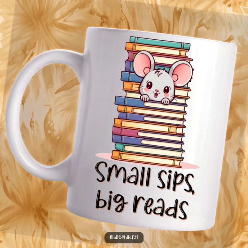Funny mug with a cute mouse character peeking out from behind a huge pile of books, embodying a hidden bookworm.