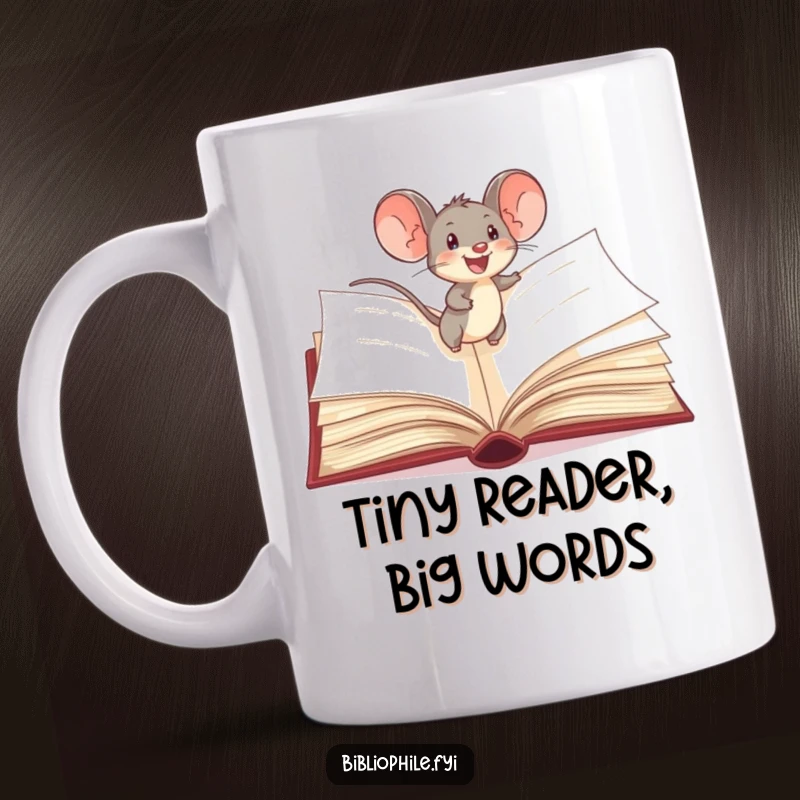 Funny Mouse Mug: A delighted mouse scurries across giant storybook pages, embodying a love for adventure and reading.