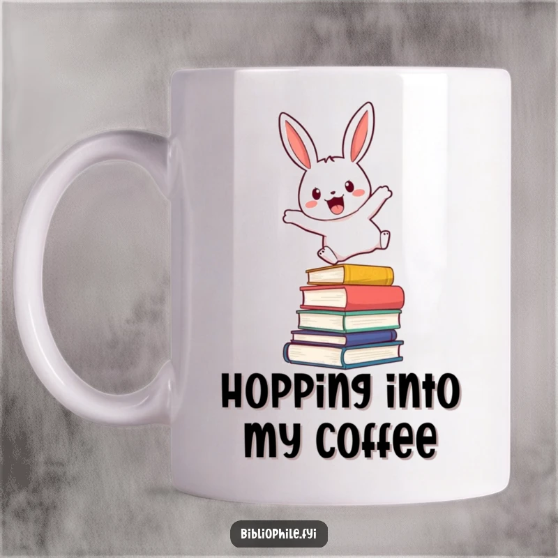 Funny mug with a cute rabbit character joyfully leaping over a tall stack of novels, celebrating a love for reading.