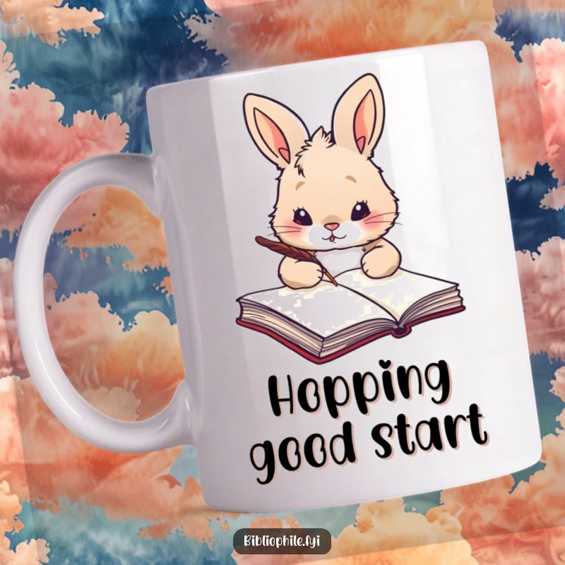 Funny fluffy rabbit holding a quill, poised to write in a large book, on a ceramic mug.