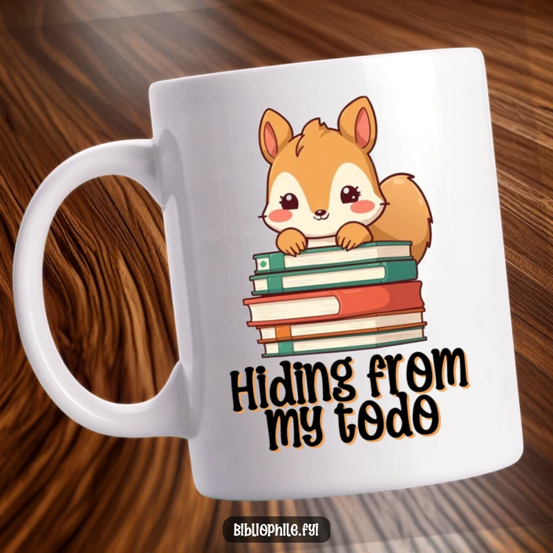 Funny Squirrel Mug: Cute squirrel peeking out from behind a large pile of books, playful and charming.