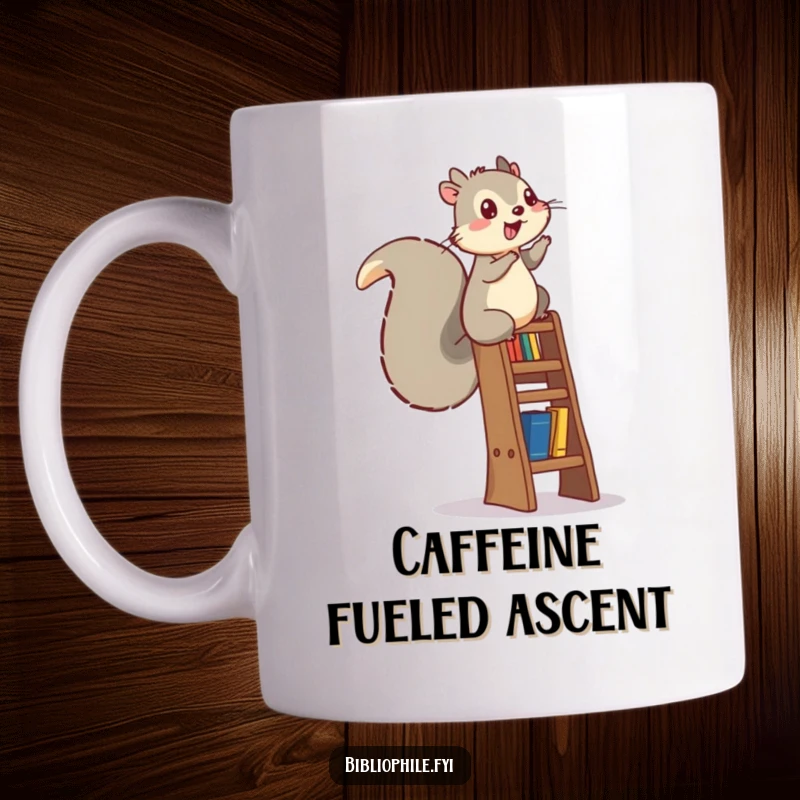 Funny squirrel energetically climbing a bookshelf ladder, depicted on a mug for avid readers.